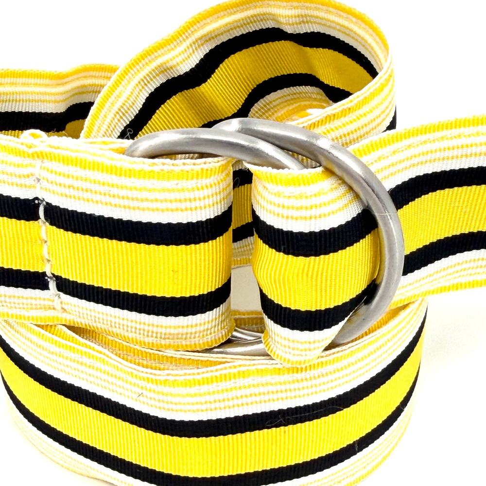 Vintage 90s J.Crew Yellow Black Striped Preppy Grosgrain D-Ring Ribbon Belt - Picture 2 of 7